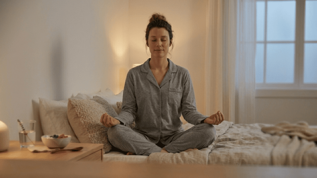Person practicing deep breathing or meditation before sleep