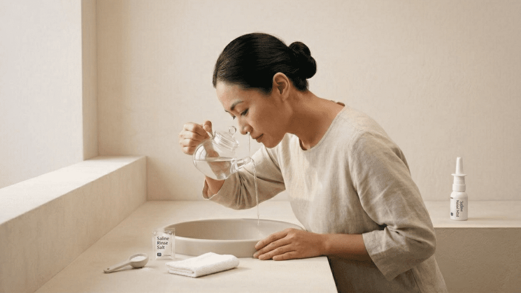 saline nasal rinse using neti pot for allergy relief