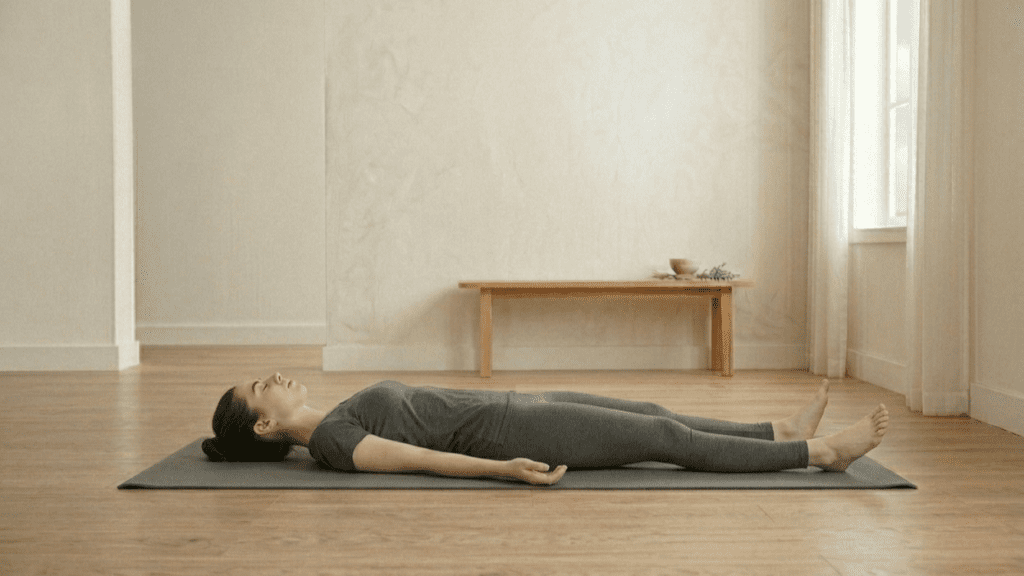 Person lying in savasana relaxation pose indoors