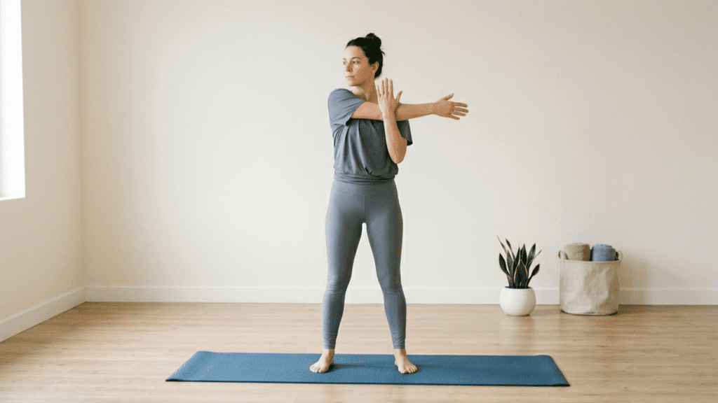 Person performing cross-body shoulder stretch indoors
