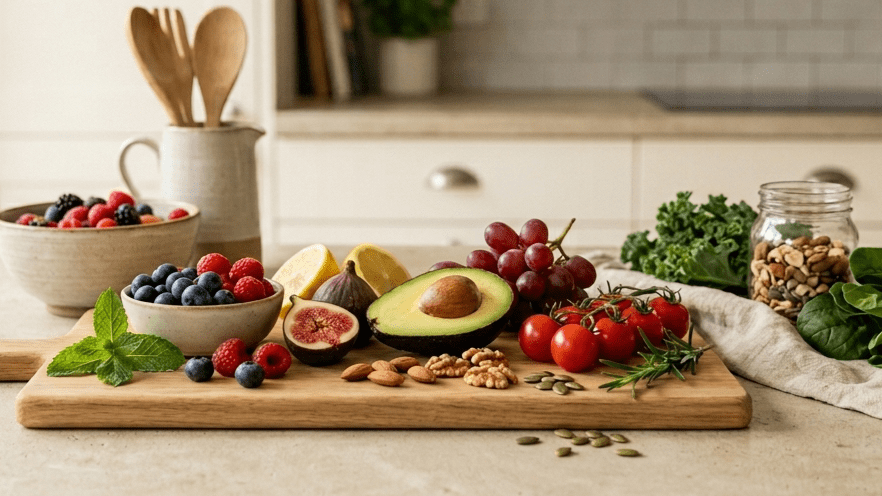 assortment of nuts, fish, and fruits indoors showing foods for healthy skin