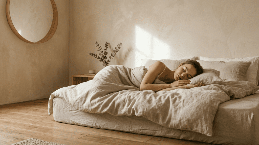 person relaxing before sleep indoors showing natural skin care tips for better skin recovery