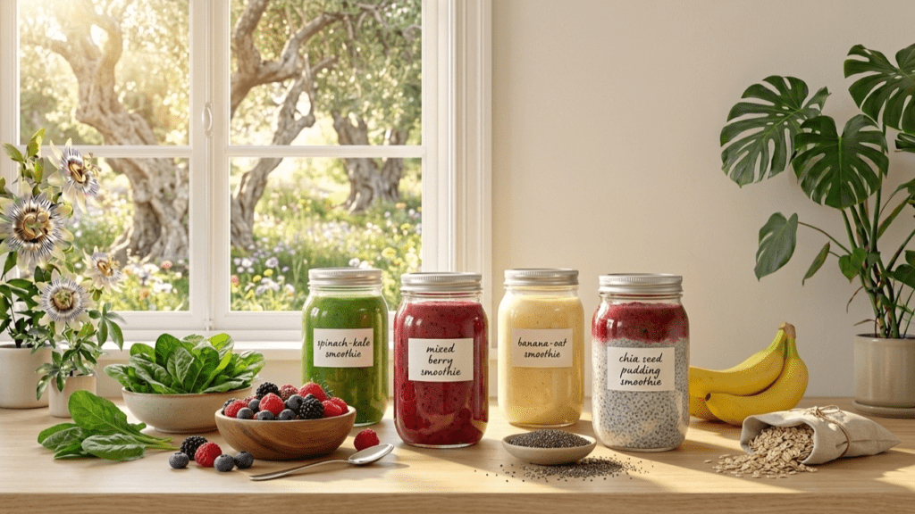 smoothie recipes for weight loss including berry smoothie, green smoothie, chia seeds, spinach, and banana on a kitchen counter