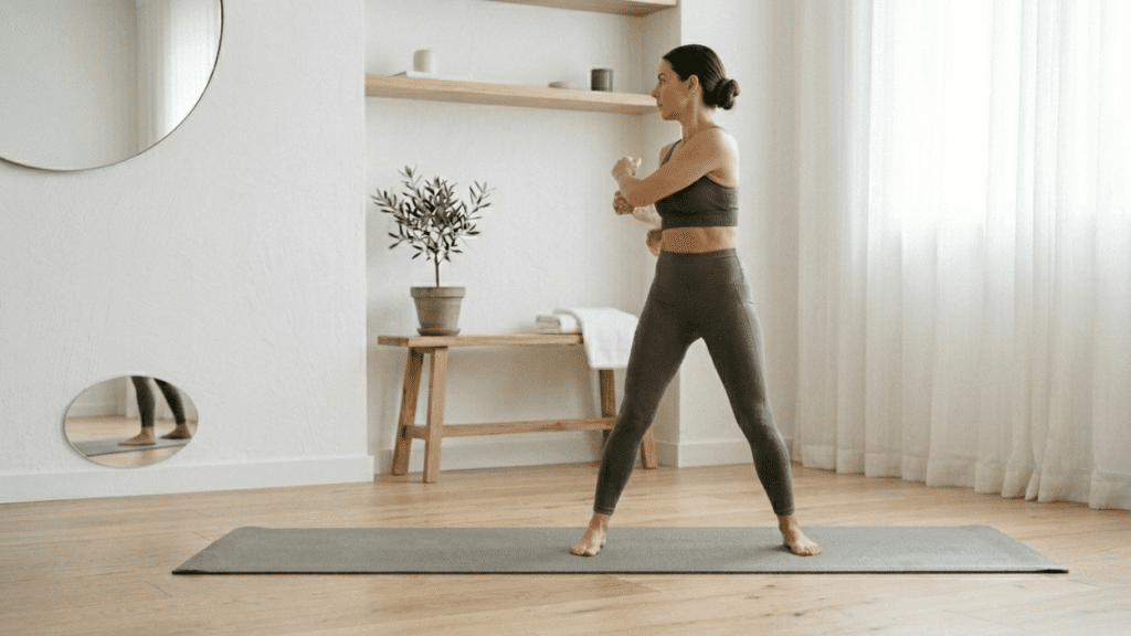 person doing standing twists indoors representing quick core workouts at home