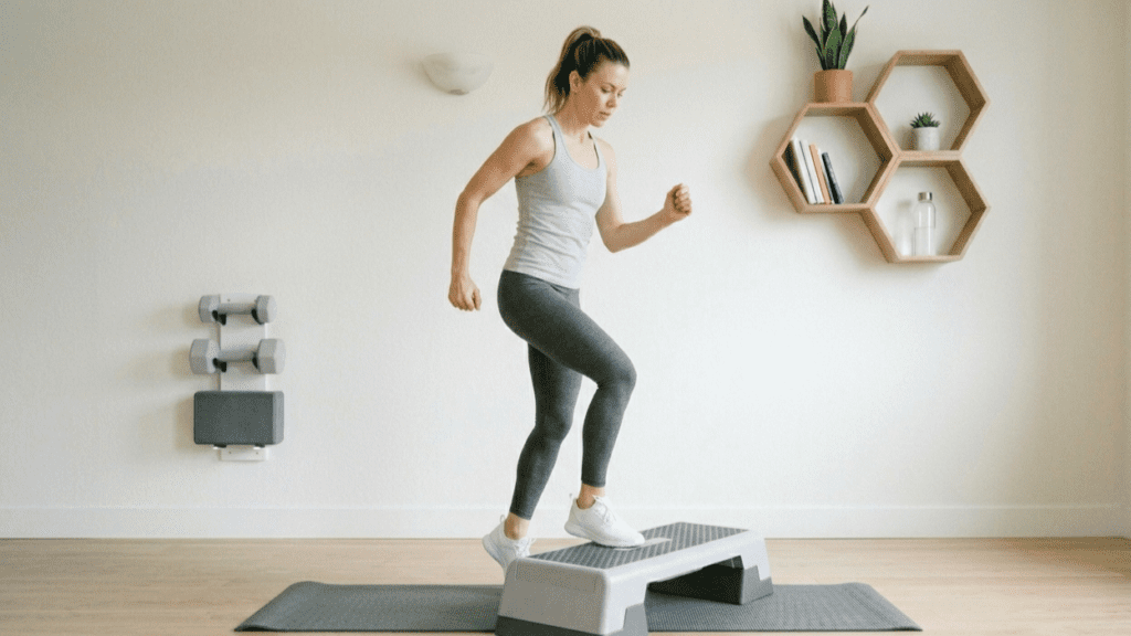 person doing step-ups indoors demonstrating home cardio workouts