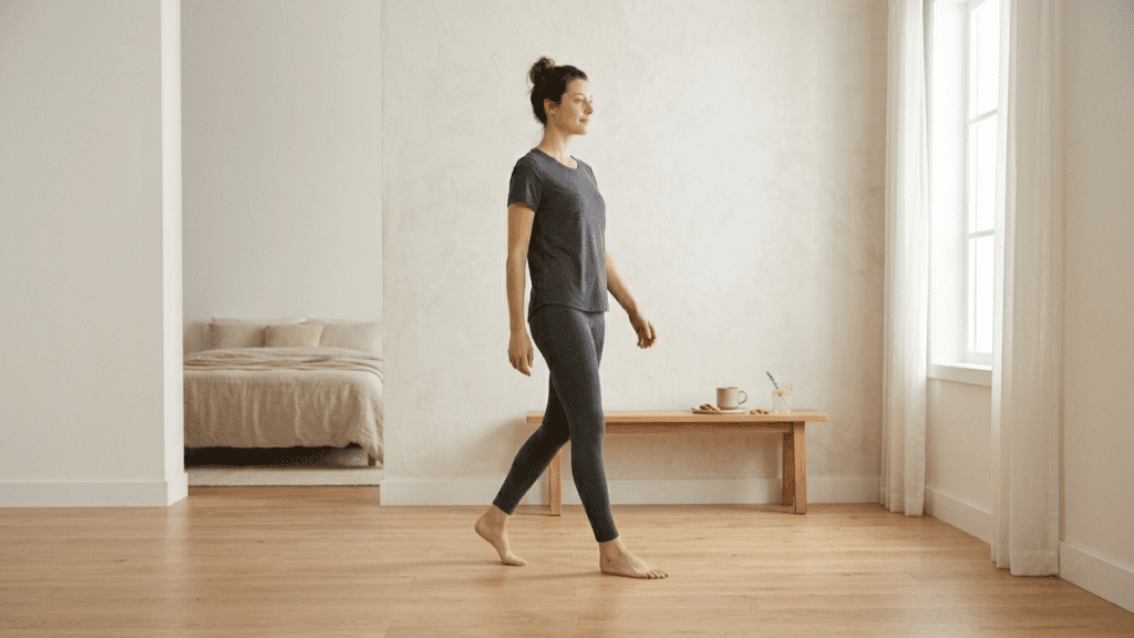 Person walking indoors to support digestion and reduce bloating