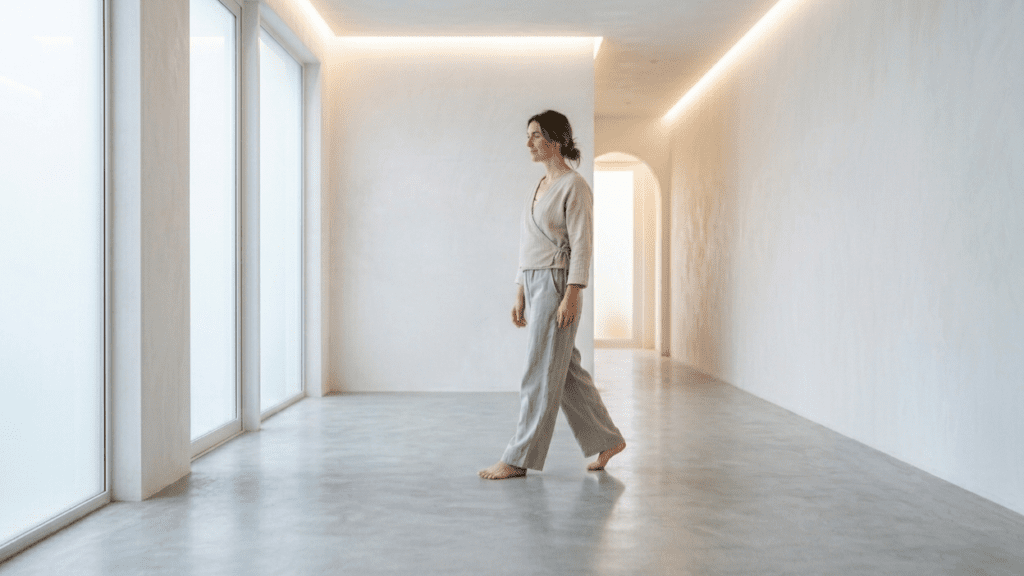 person walking indoors confidently representing daily walking benefits for long life