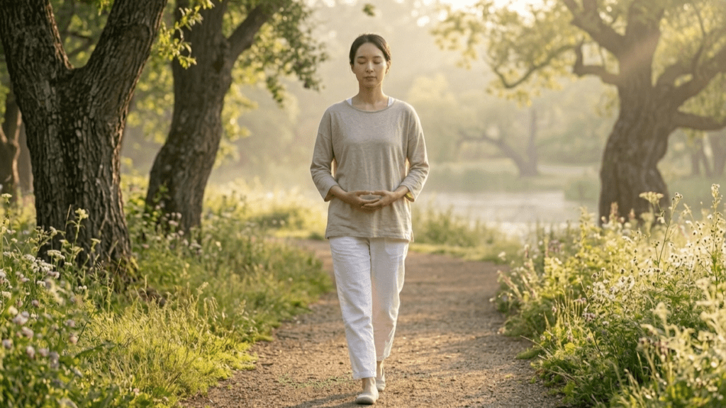 Walking meditation outdoors as a calming technique for anxiety