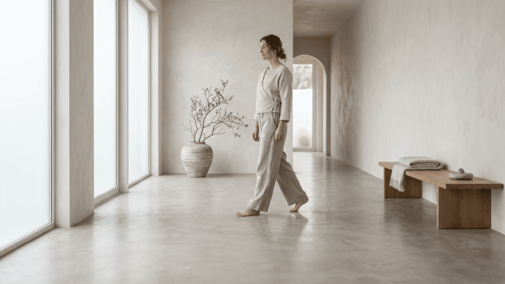 person walking indoors in a calm minimal space showing daily walking benefits for mental health
