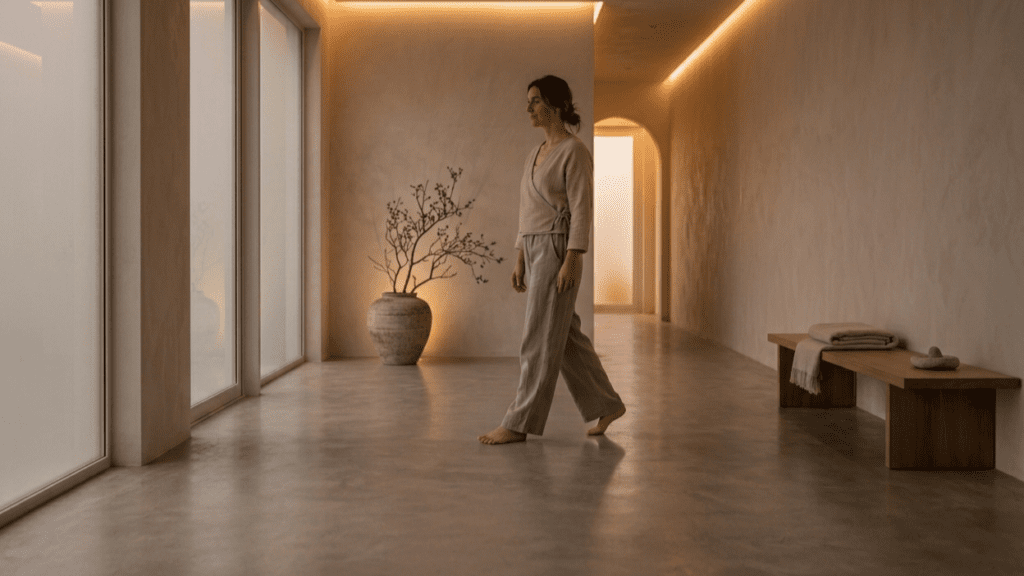 person walking indoors in evening setting highlighting daily walking benefits for better sleep