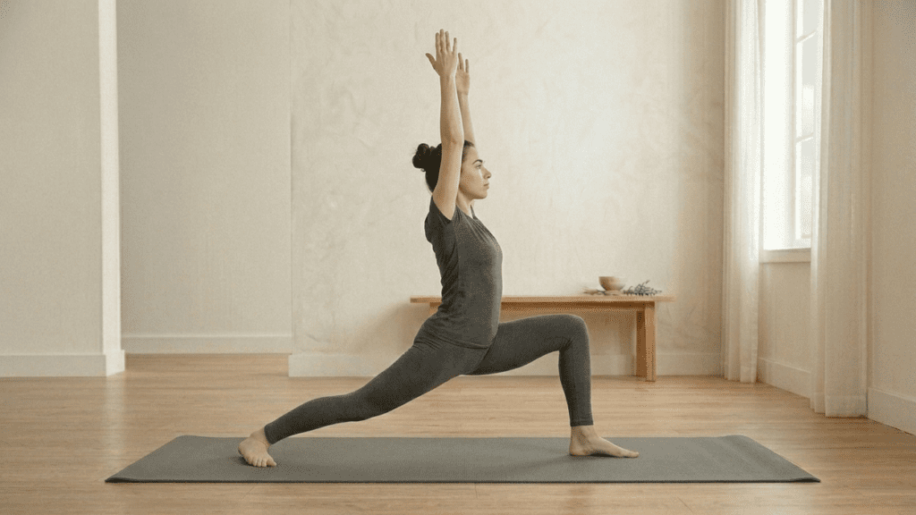 Person performing warrior one yoga pose indoors