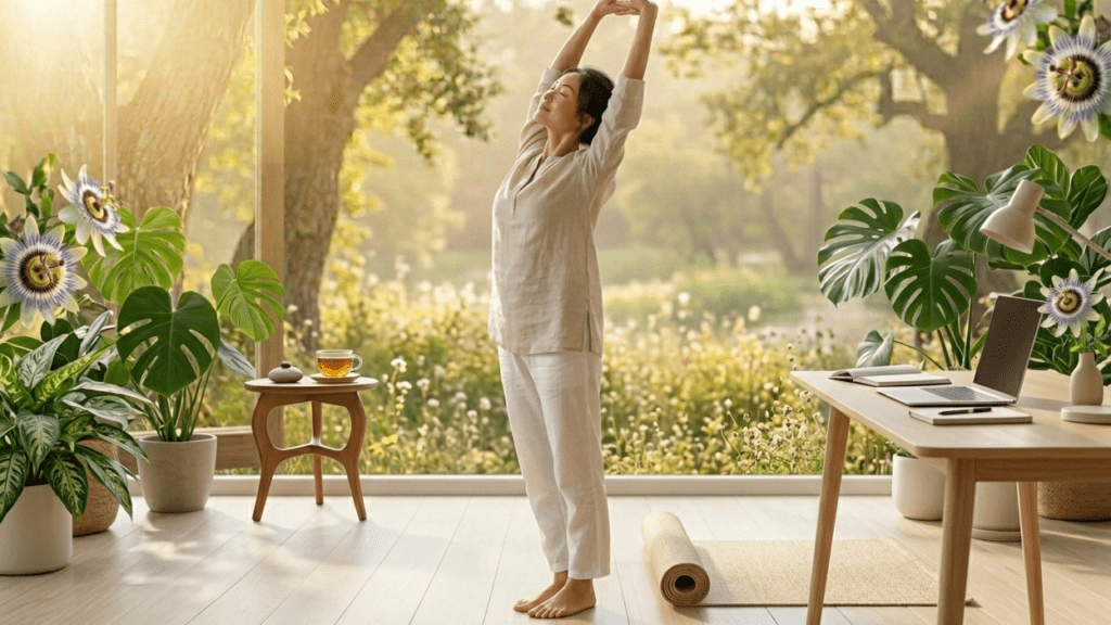 Taking a short work break with stretching to restore natural energy