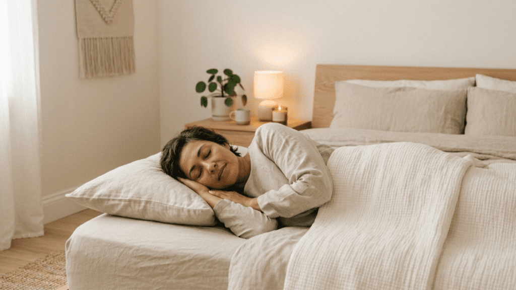 person lying in bed practicing guided visualization mindfulness before sleep