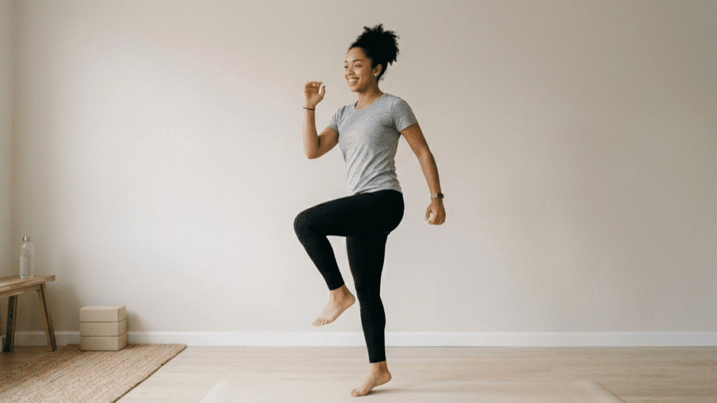 beginner doing low impact cardio exercises at home indoors