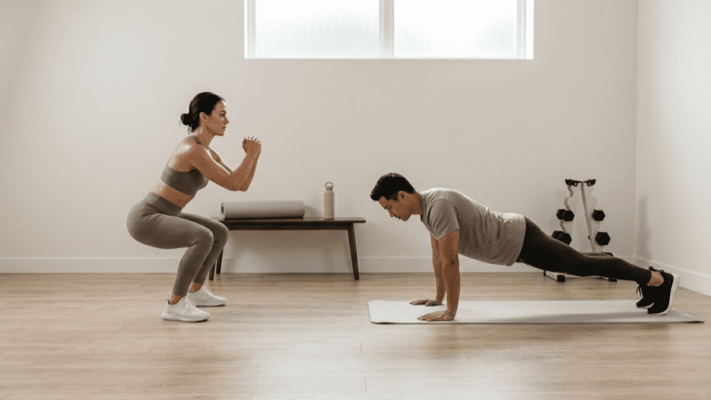 person doing squats push-ups and lunges as part of full body home workouts indoors