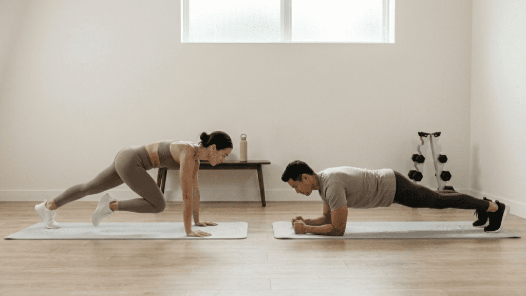 person doing mountain climbers and plank as full body home workouts indoors