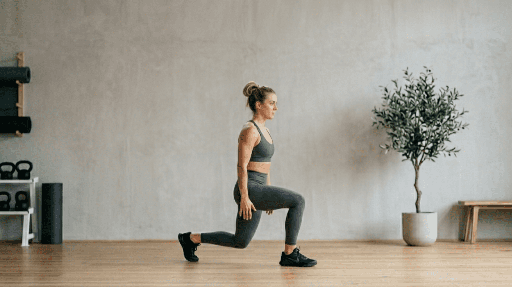 person performing high lunges as part of short daily workouts indoors