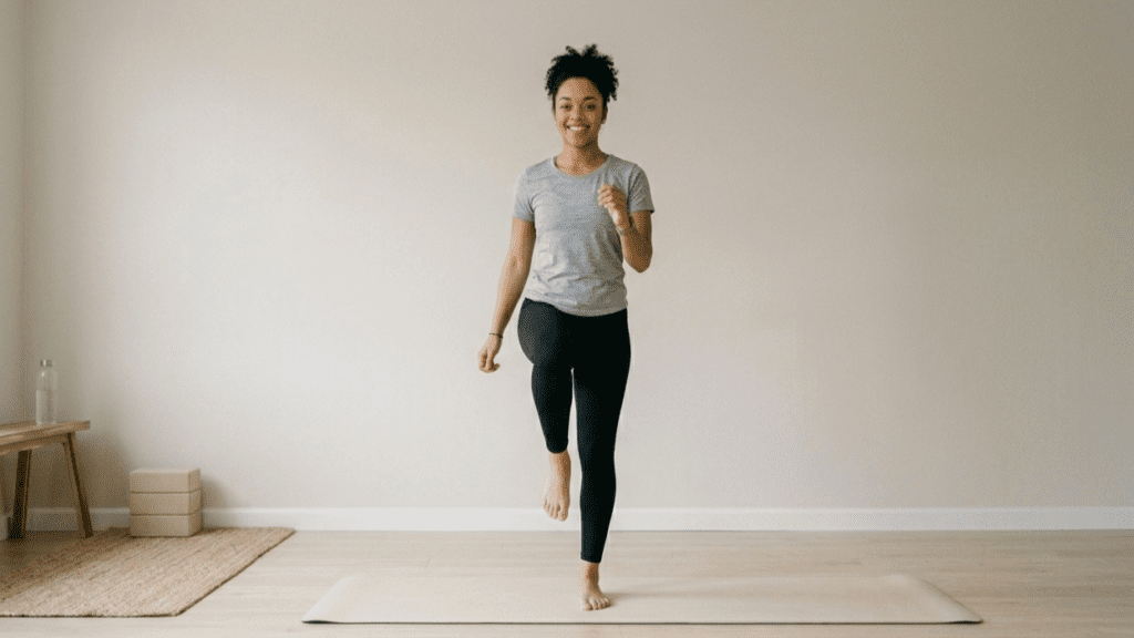 beginner following a simple daily home workout routine indoors