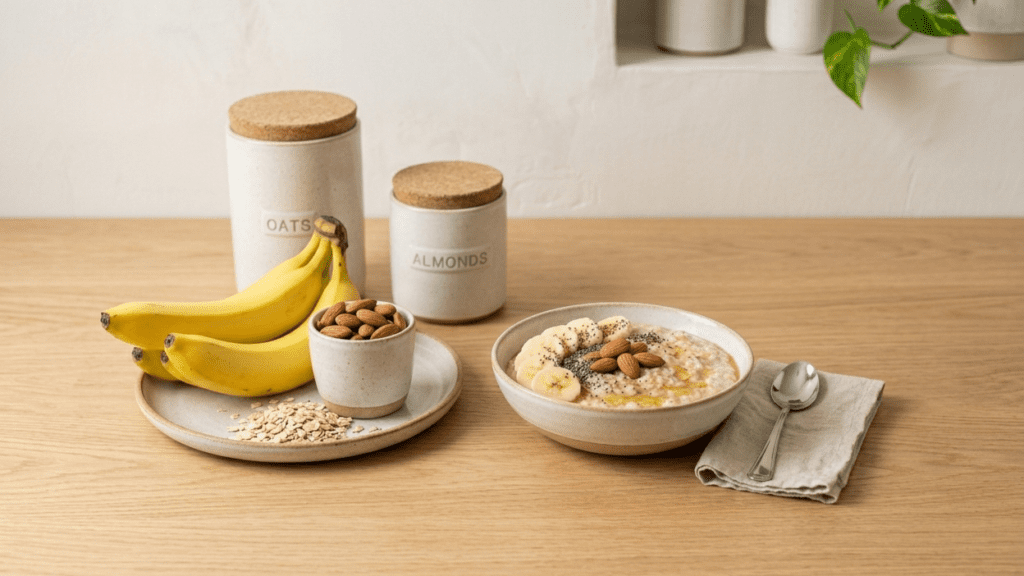  almonds bananas and oats as foods for natural energy in a clean indoor setup