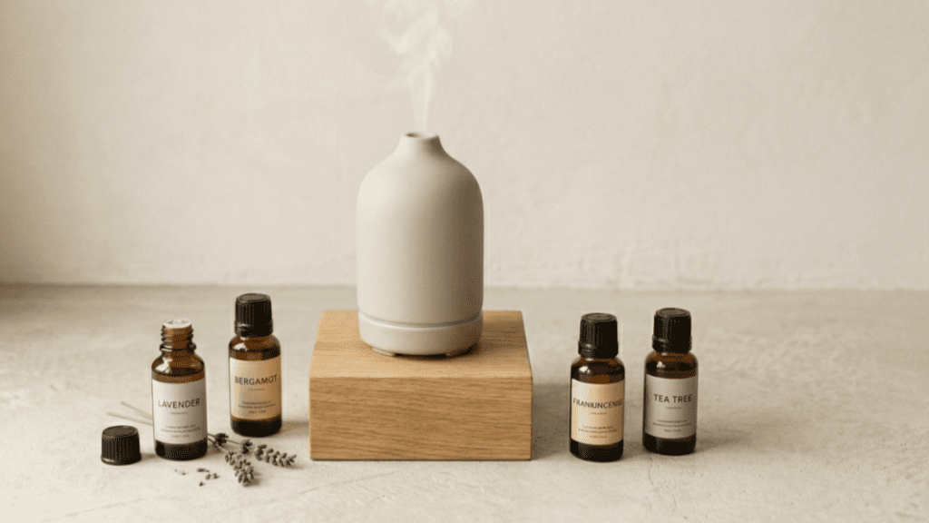 essential oils used as natural remedies for headaches in a calm indoor environment