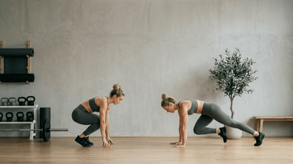 person doing burpees and mountain climbers as short daily workouts indoors