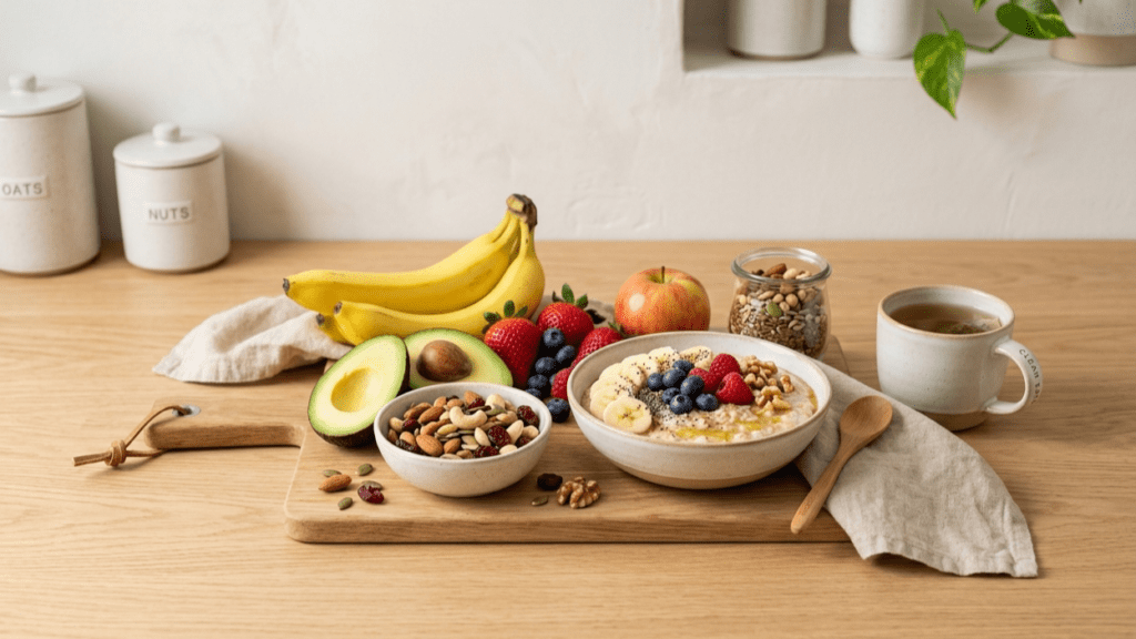 healthy foods for natural energy including fruits nuts and grains arranged indoors
