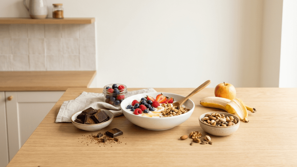 colorful foods that improve mood including fruits chocolate and healthy meals arranged indoors