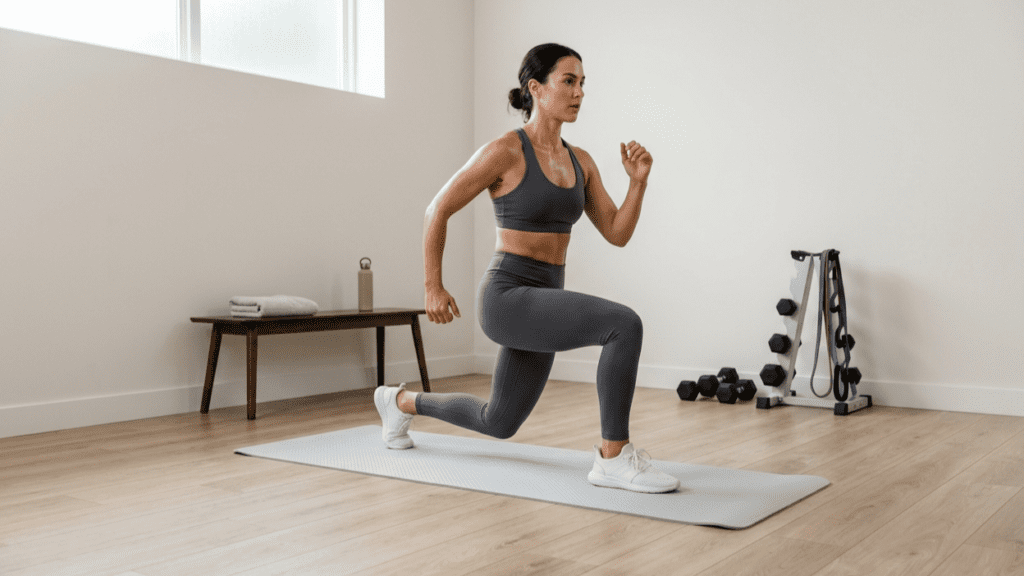person performing full body home workouts exercises in a clean indoor space