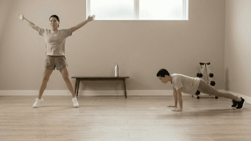 variety of full body home workouts including burpees and jumping jacks indoors