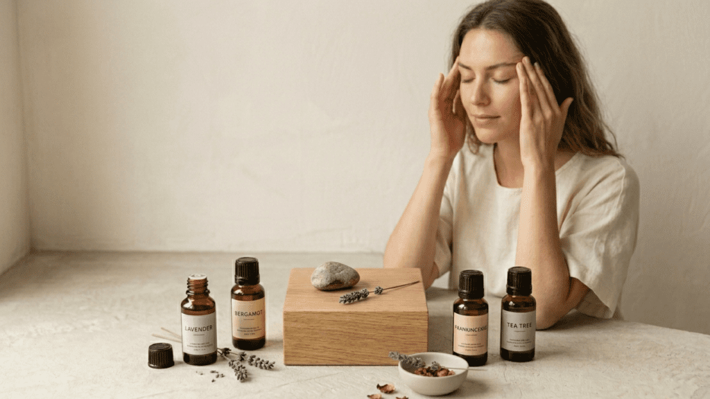 person doing head massage as natural remedies for headaches indoors
