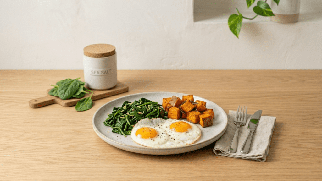 plate with spinach eggs and sweet potatoes representing foods for natural energy