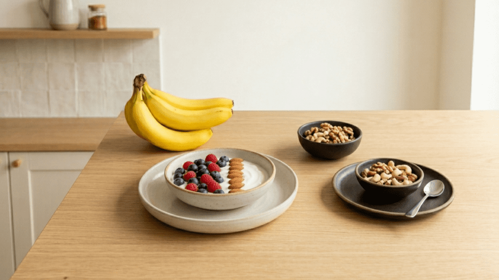 yogurt berries and nuts representing foods that improve mood indoors