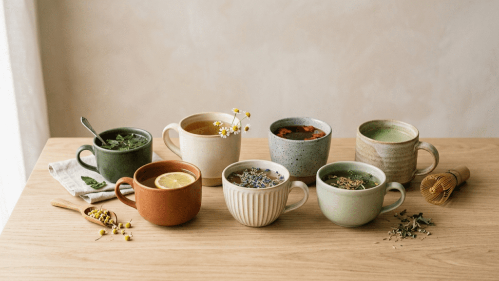 variety of herbal teas for immunity including ginger peppermint and turmeric in cups indoors