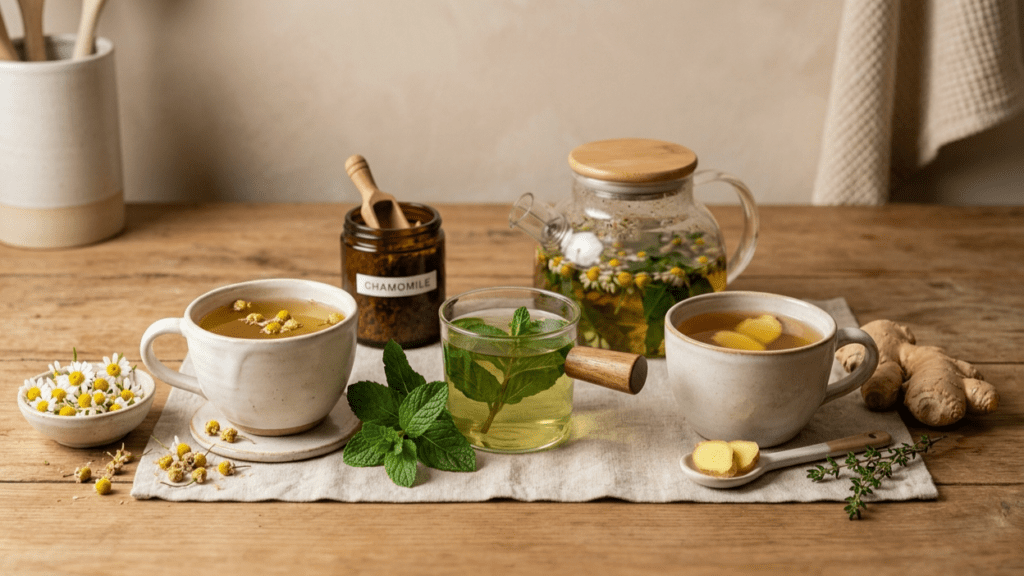 assortment of herbal teas for immunity in cups with natural ingredients on table indoors