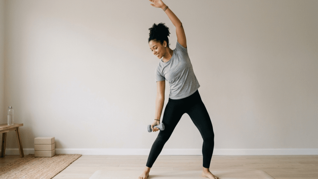 beginner doing simple home workouts for beginners in a clean indoor space