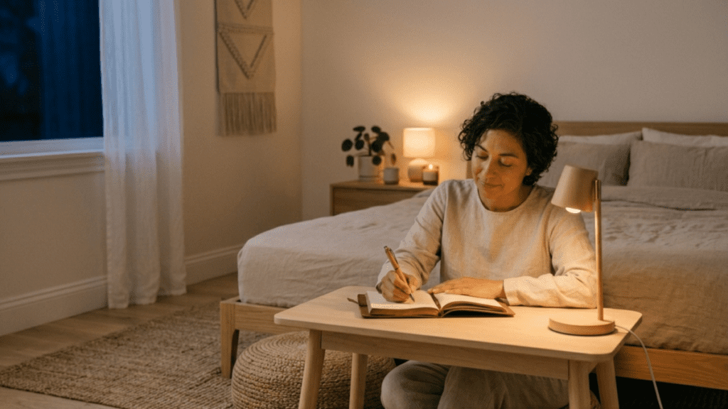 person journaling calmly before sleep as part of mindfulness routine