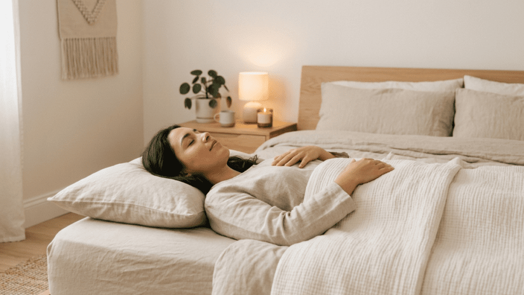 person practicing mindfulness exercises before sleep in a calm indoor bedroom setting