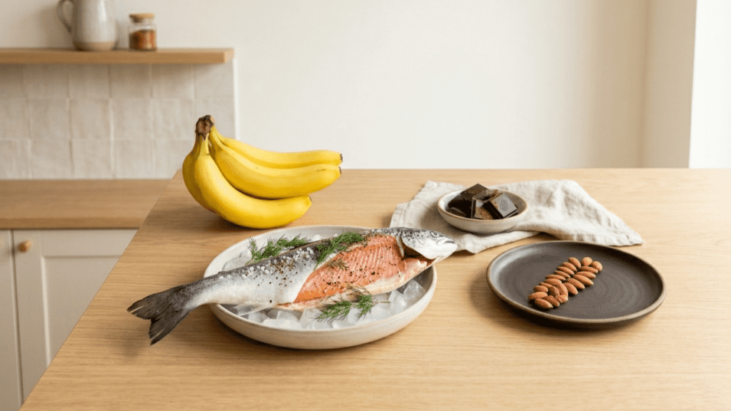bananas dark chocolate and fish representing foods that improve mood indoors