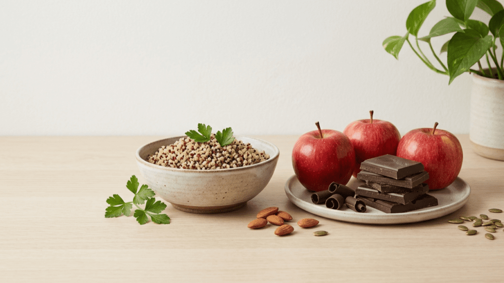variety of foods for natural energy including quinoa apples and dark chocolate indoors