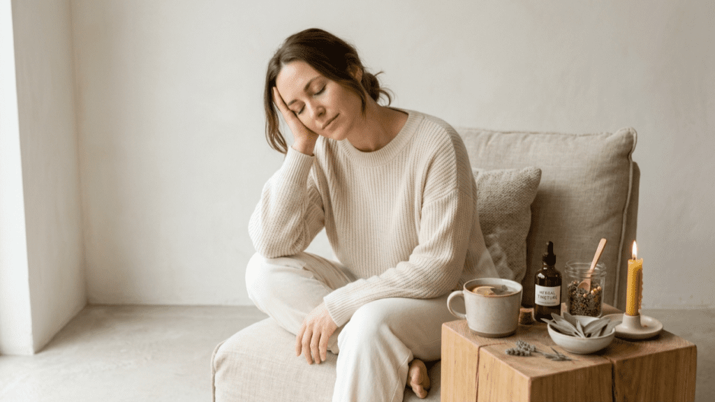 person using natural remedies for headaches with calm indoor setting and herbal solutions