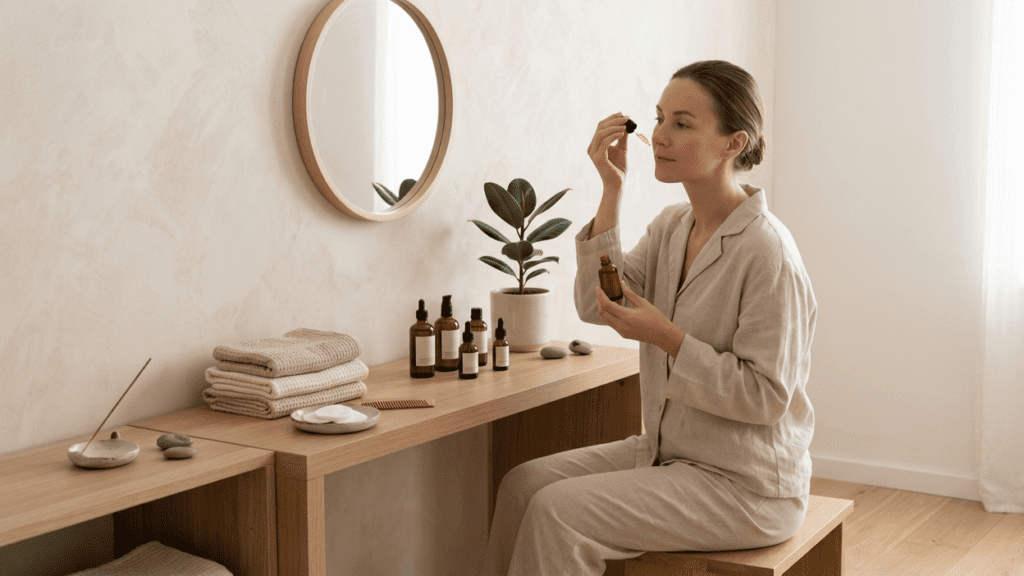 natural skincare products representing natural anti aging habits in daily routine