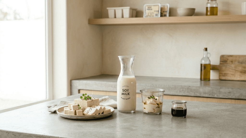 tofu and plant-based foods indoors representing foods for strong bones