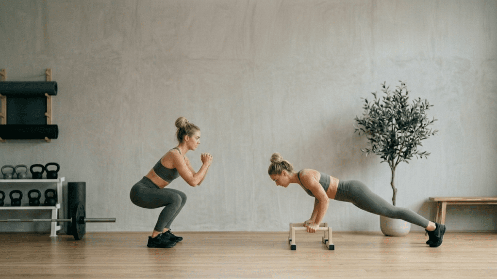 person doing jumping jacks squats and push-ups as short daily workouts indoors