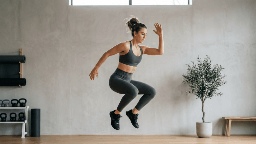 person performing short daily workouts in a minimal indoor fitness space