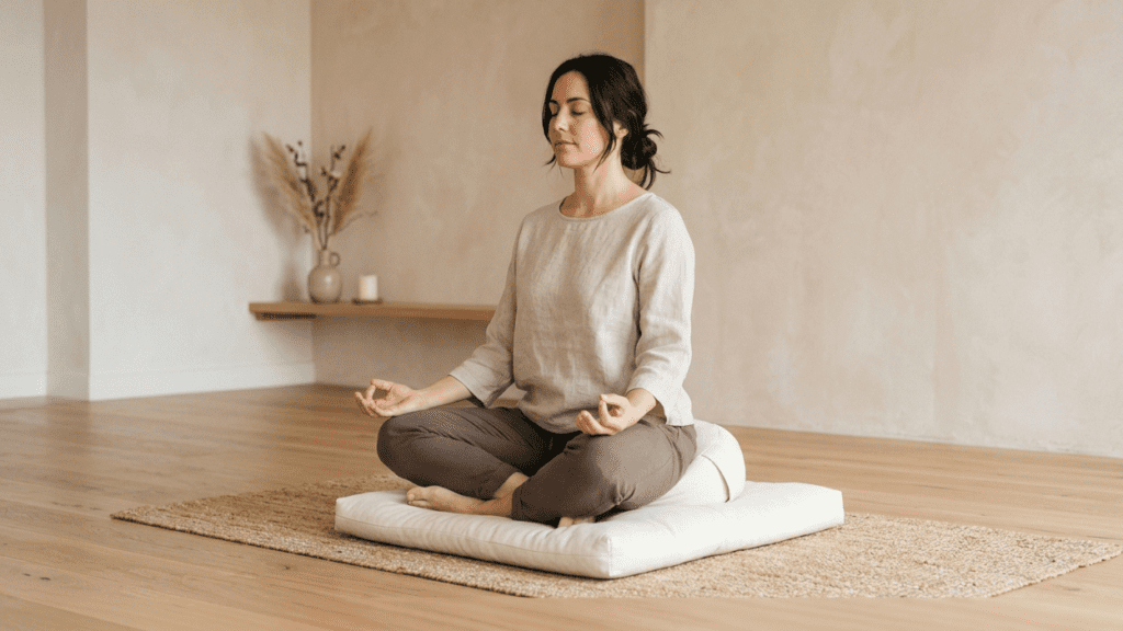 person practicing breathing exercises for focus in a calm indoor environment