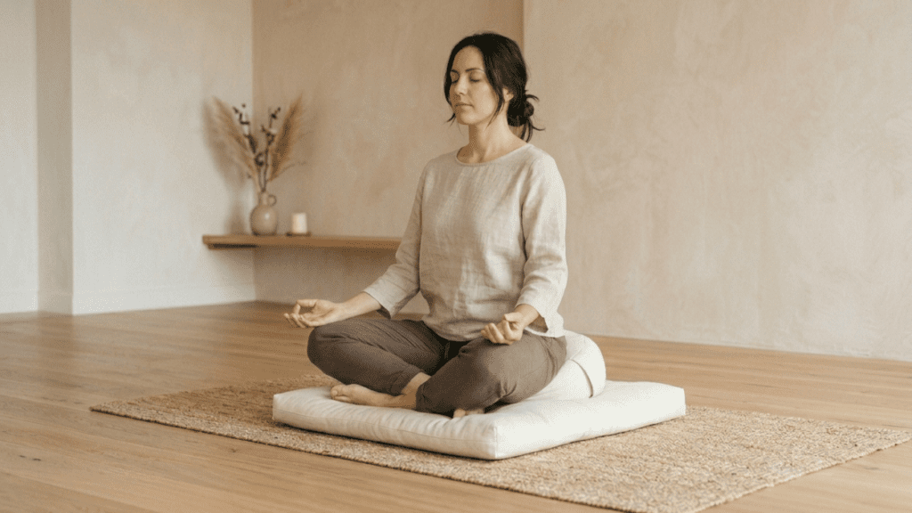 person doing slow resonance breathing to improve focus in a minimal indoor setting