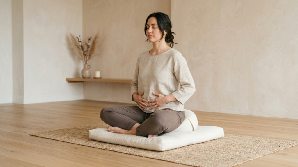 person practicing diaphragmatic breathing for focus indoors