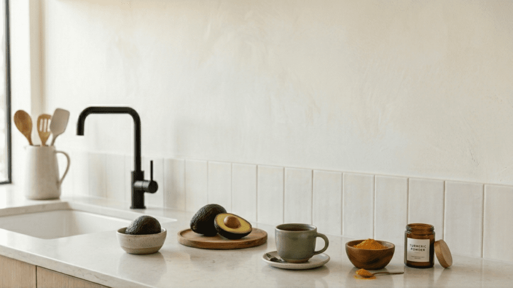 avocado green tea and turmeric as foods that support liver health on a clean indoor background