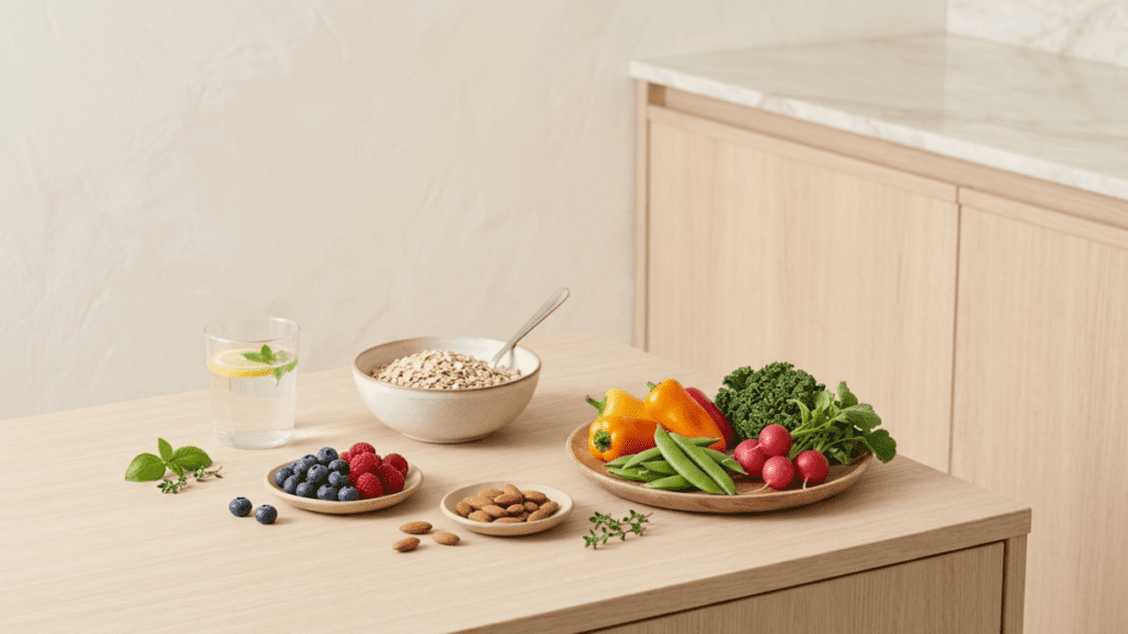 healthy indoor setup with water glass and fiber-rich foods for detox habits