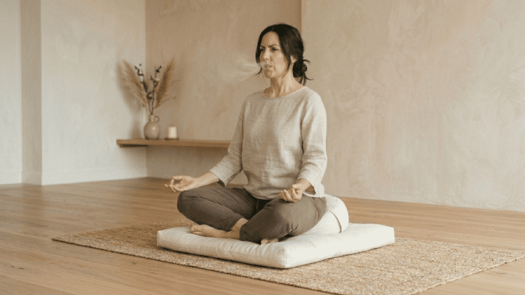 person practicing energizing breathing exercise for focus indoors